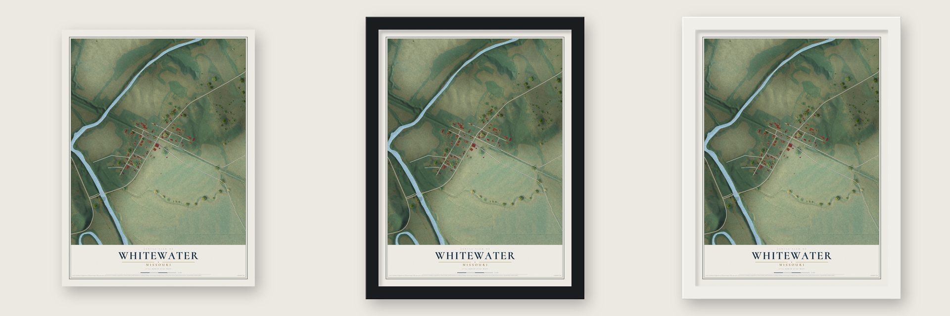Whitewater, Missouri map unframed, in a black wood frame and in a white wood frame