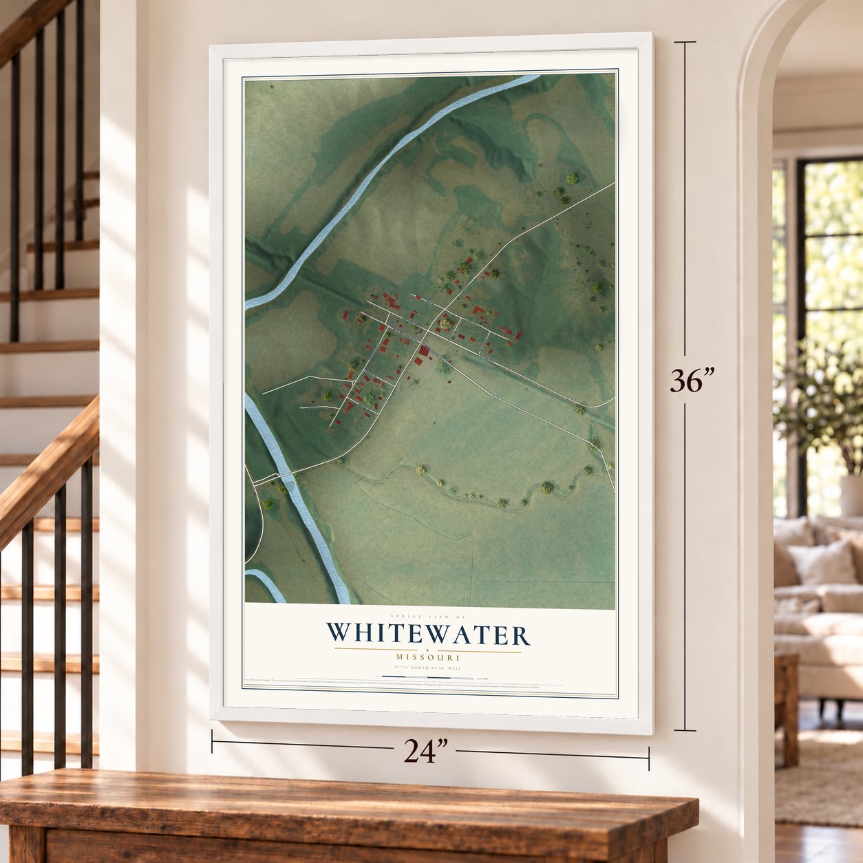 Whitewater, Missouri map, 24 x 36 inch print in a white frame by a staircase