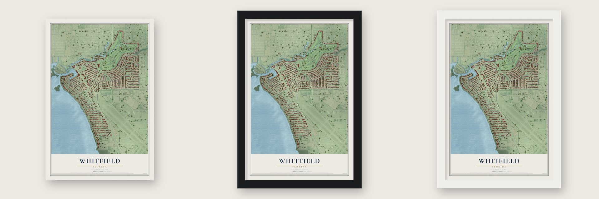 Whitfield, Florida map unframed, in a black wood frame and in a white wood frame