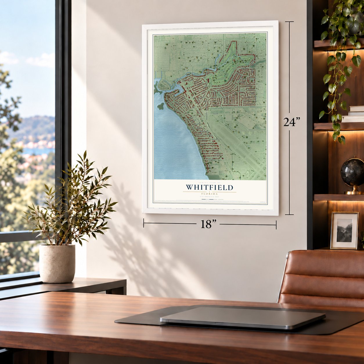 Whitfield, Florida map, 18 x 24 inch print in a white frame in a home office