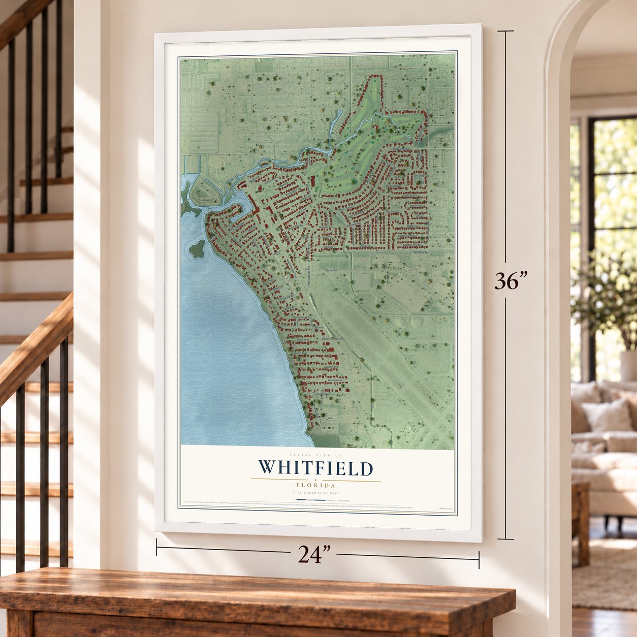 Whitfield, Florida map, 24 x 36 inch print in a white frame by a staircase