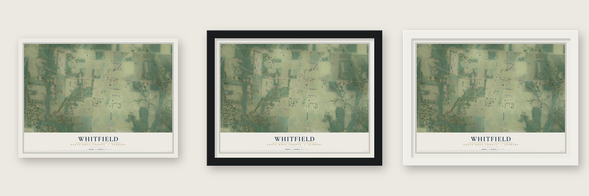 Whitfield, Santa Rosa County, Florida map unframed, in a black wood frame and in a white wood frame