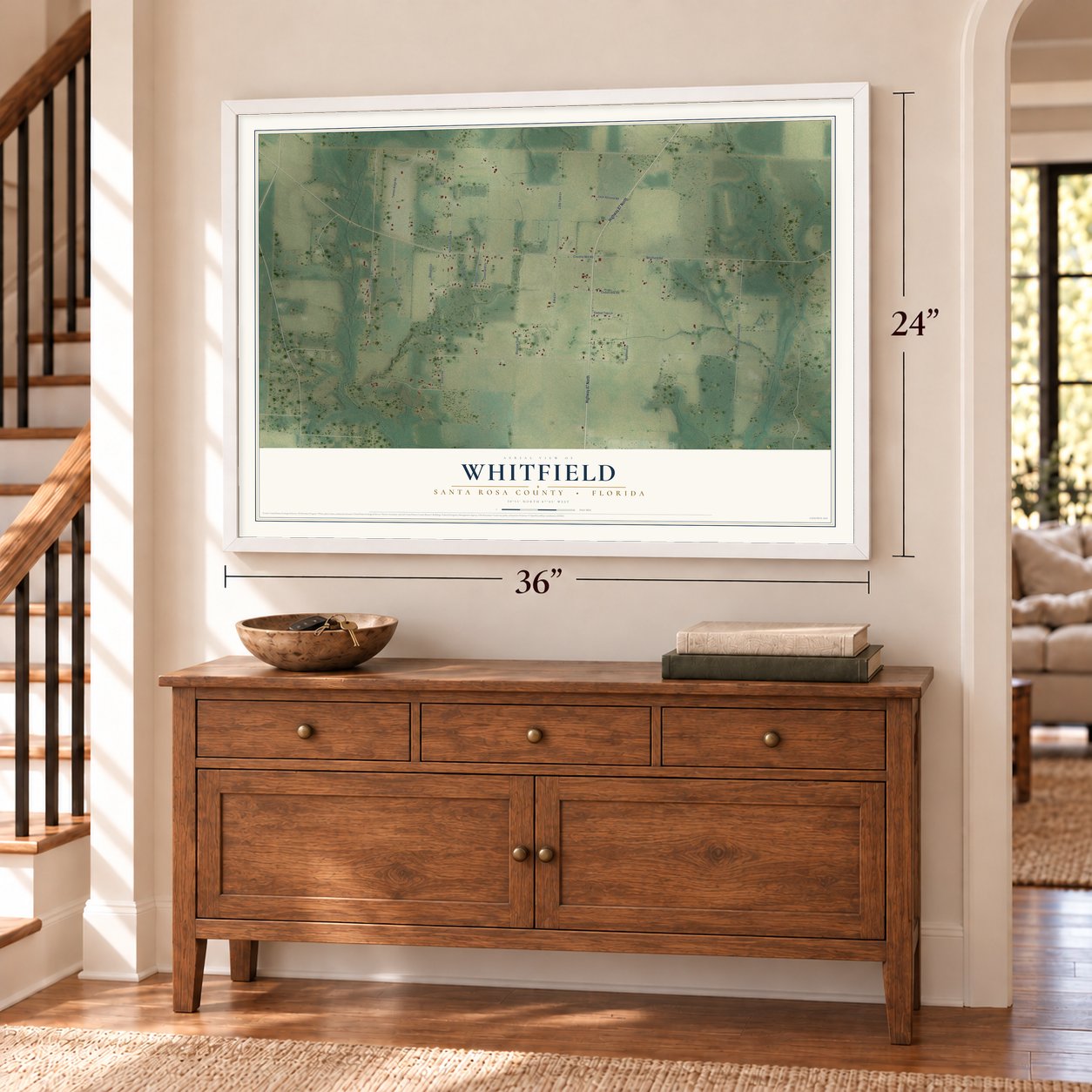 Whitfield, Santa Rosa County, Florida map, 24 x 36 inch print in a white frame above a dresser by a staircase