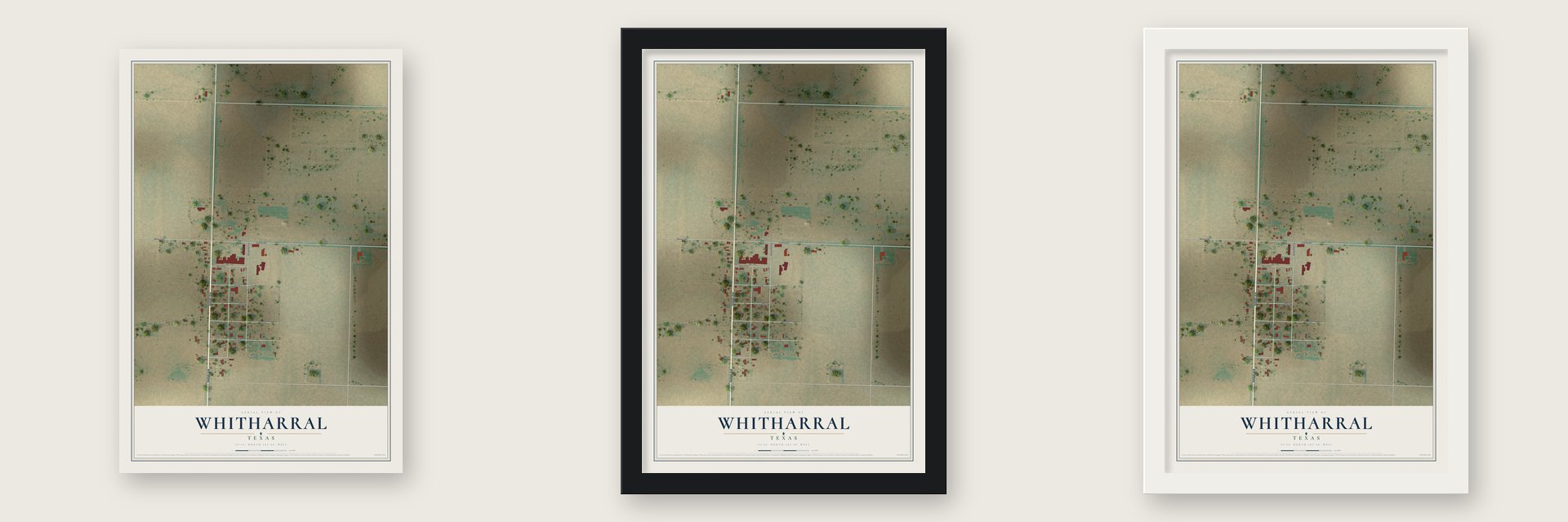 Whitharral, Texas map unframed, in a black wood frame and in a white wood frame