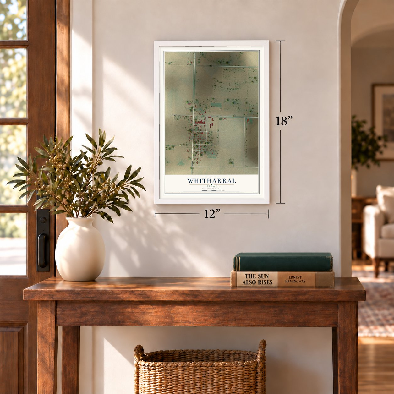 Whitharral, Texas map, 12 x 18 inch print in a white frame in an entryway