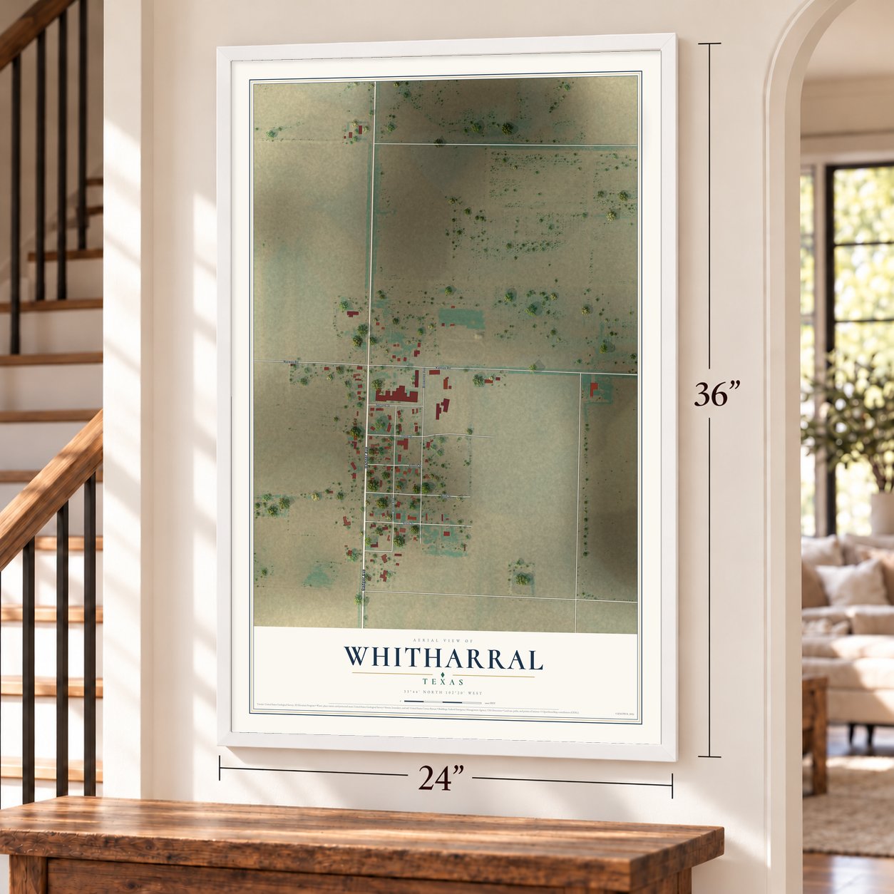 Whitharral, Texas map, 24 x 36 inch print in a white frame by a staircase