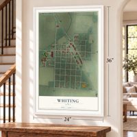 Whiting, Iowa map, 24 x 36 inch print in a white frame by a staircase