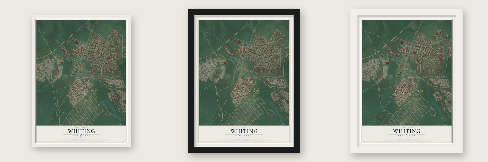 Whiting, New Jersey map unframed, in a black wood frame and in a white wood frame