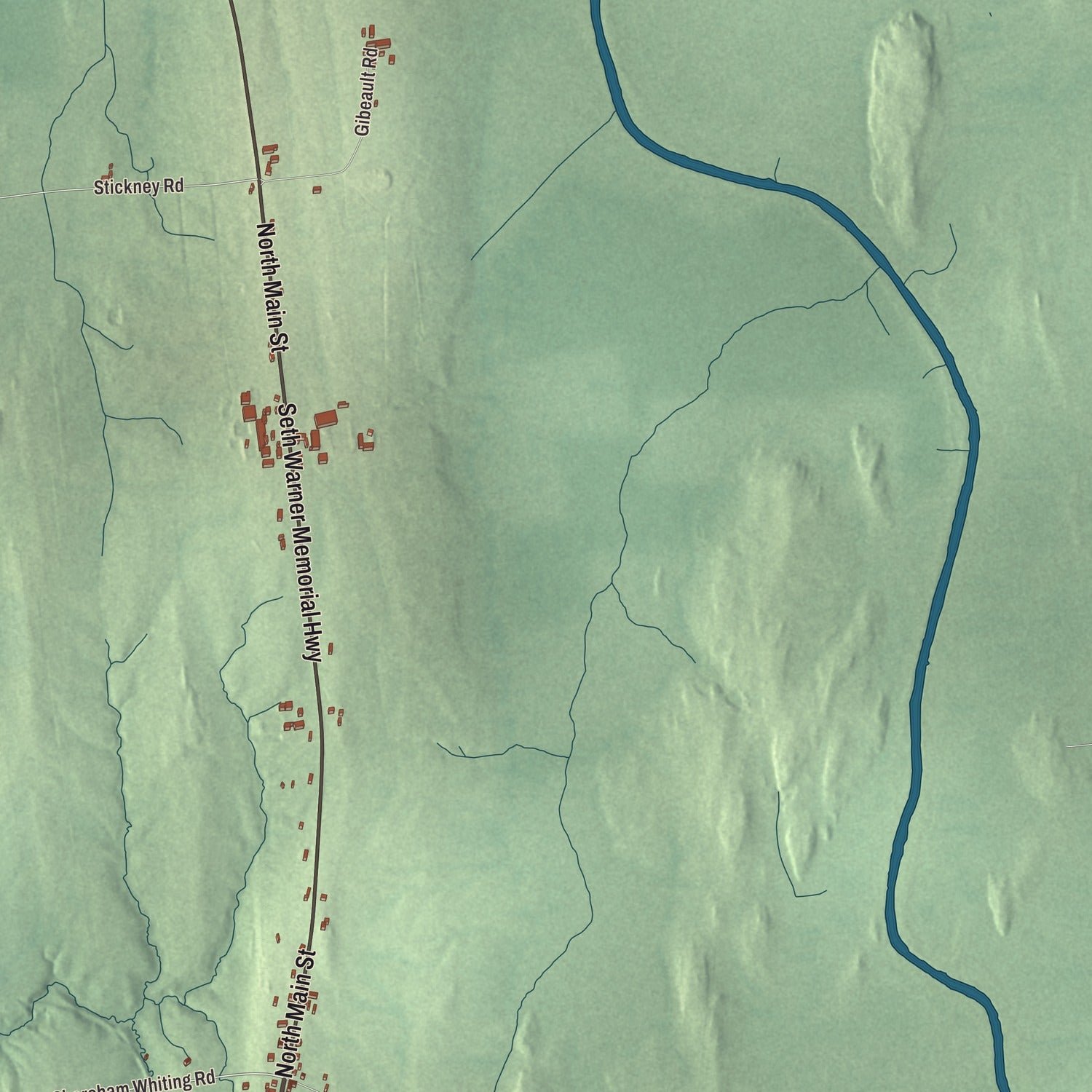Close-up of the map of Whiting, Vermont print showing terrain and local geography