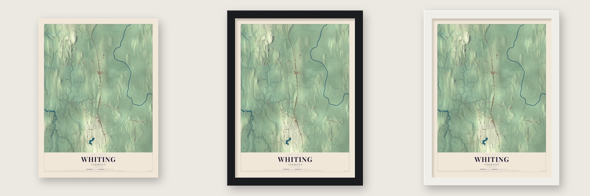 Whiting, Vermont map unframed, in a black wood frame and in a white wood frame