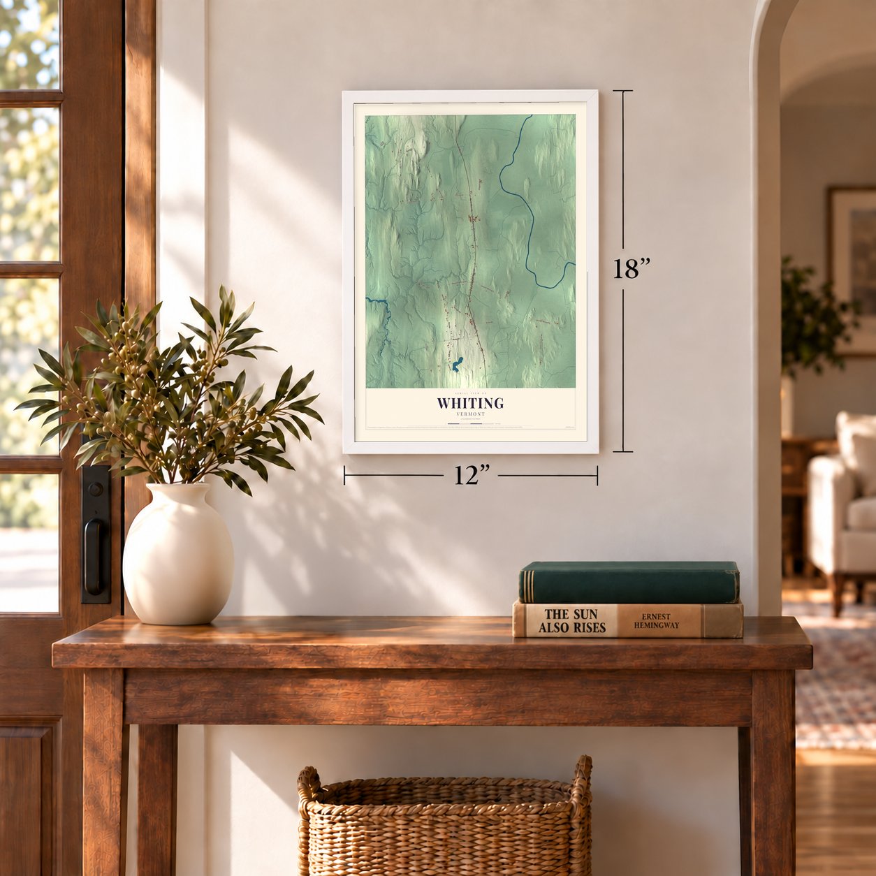 Whiting, Vermont map, 12 x 18 inch print in a white frame in an entryway