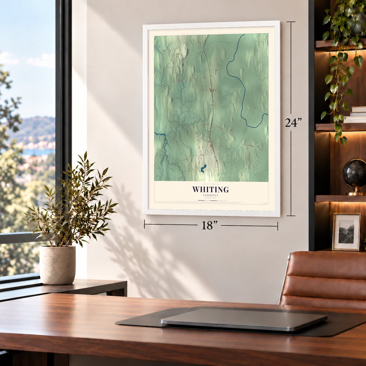Whiting, Vermont map, 18 x 24 inch print in a white frame in a home office