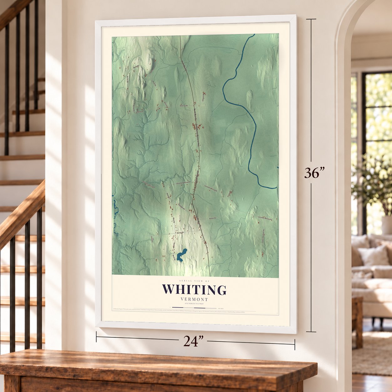 Whiting, Vermont map, 24 x 36 inch print in a white frame by a staircase