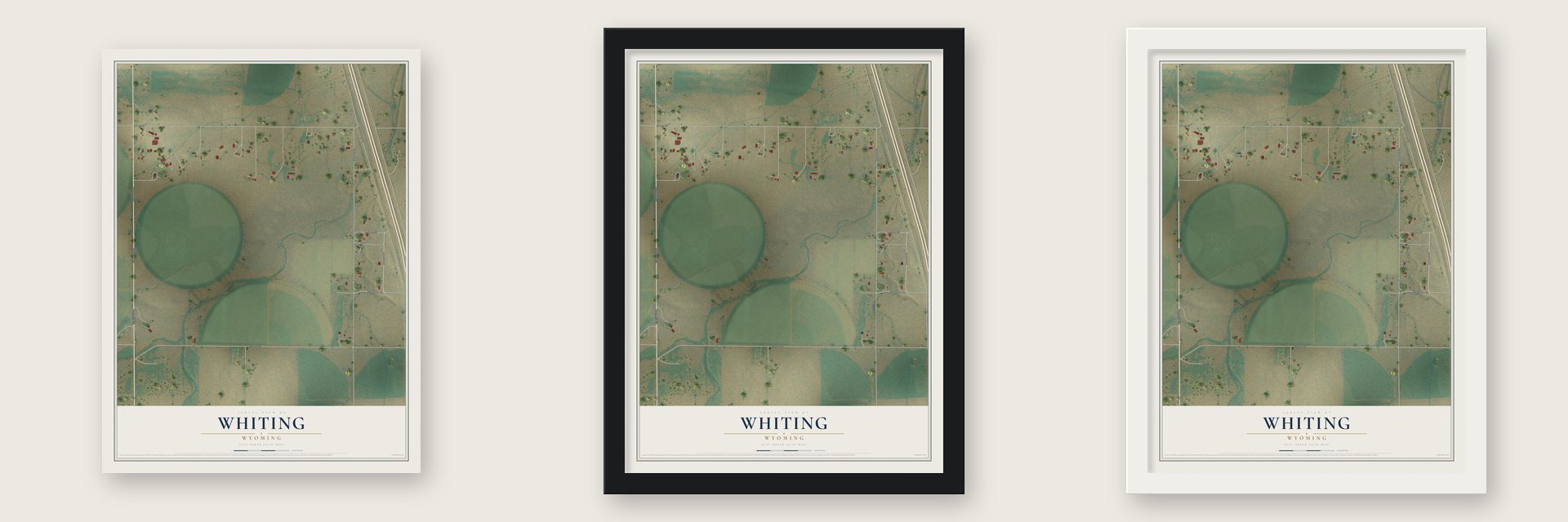Whiting, Wyoming map unframed, in a black wood frame and in a white wood frame