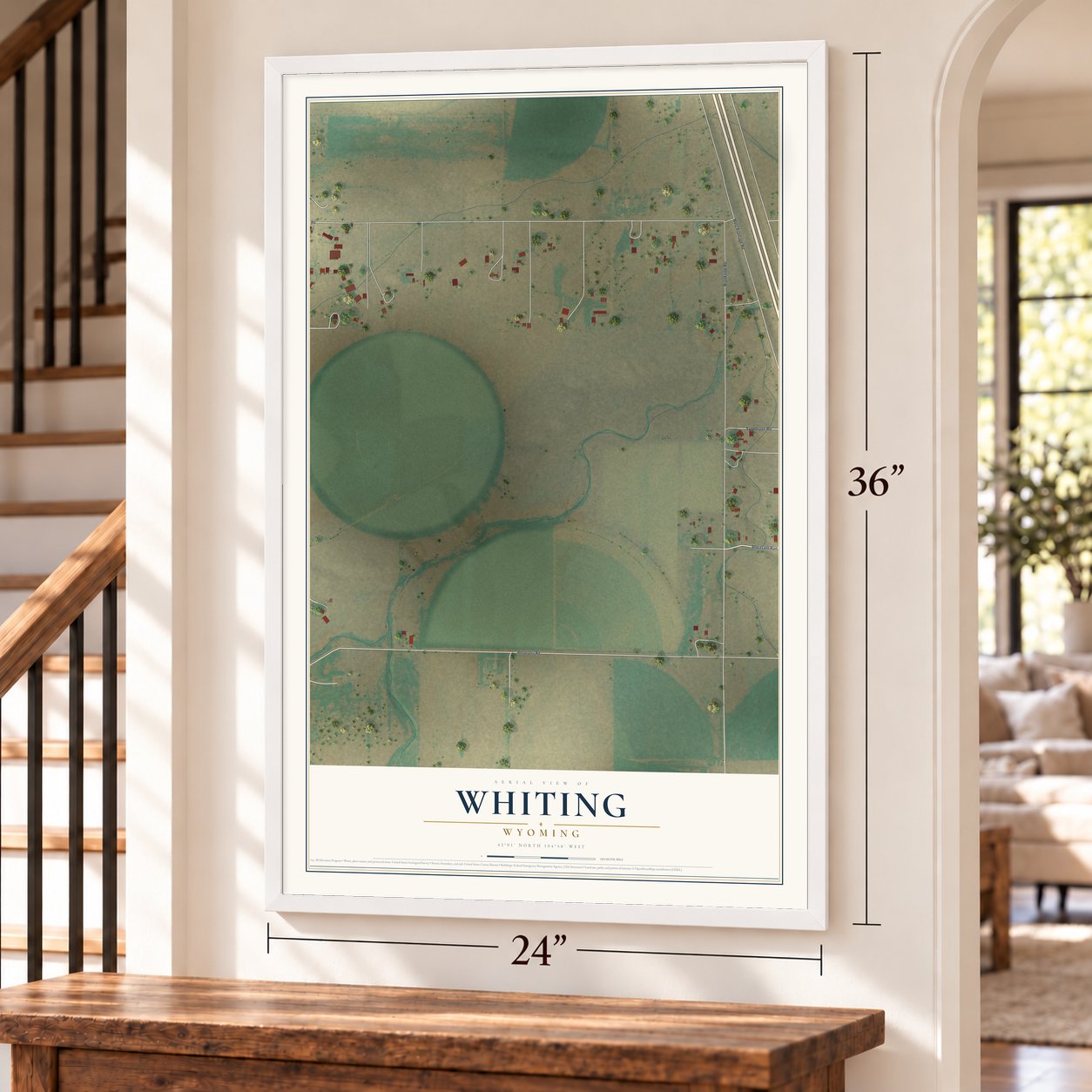 Whiting, Wyoming map, 24 x 36 inch print in a white frame by a staircase