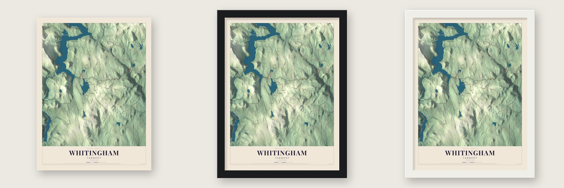 Whitingham, Vermont map unframed, in a black wood frame and in a white wood frame