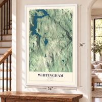 Whitingham, Vermont map, 24 x 36 inch print in a white frame by a staircase