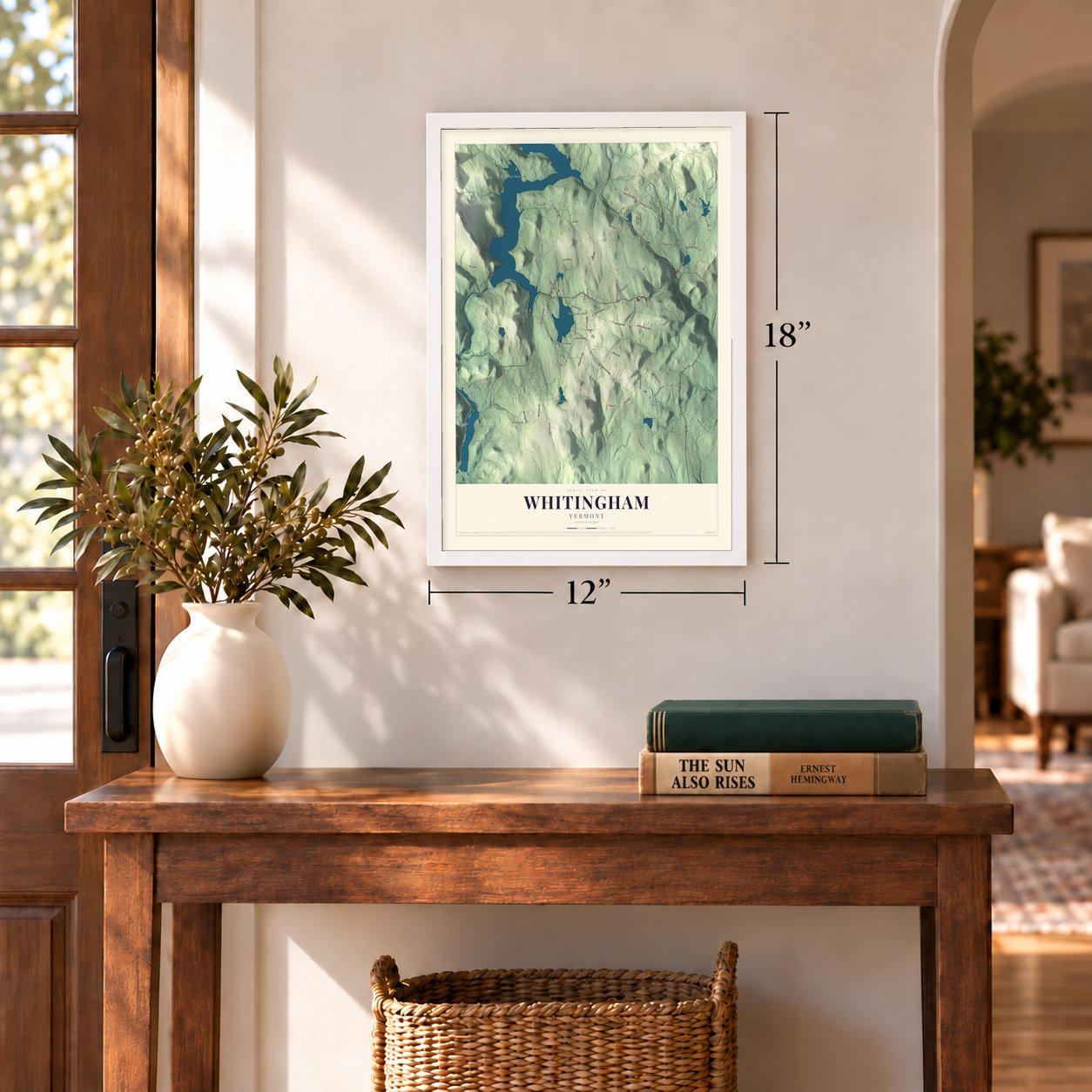 Whitingham, Vermont map, 12 x 18 inch print in a white frame in an entryway