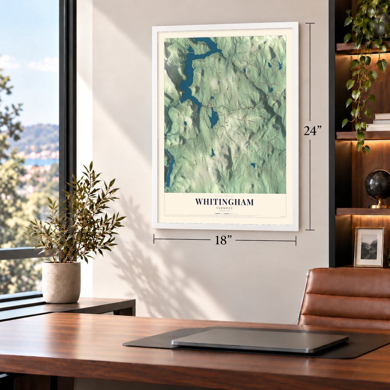 Whitingham, Vermont map, 18 x 24 inch print in a white frame in a home office