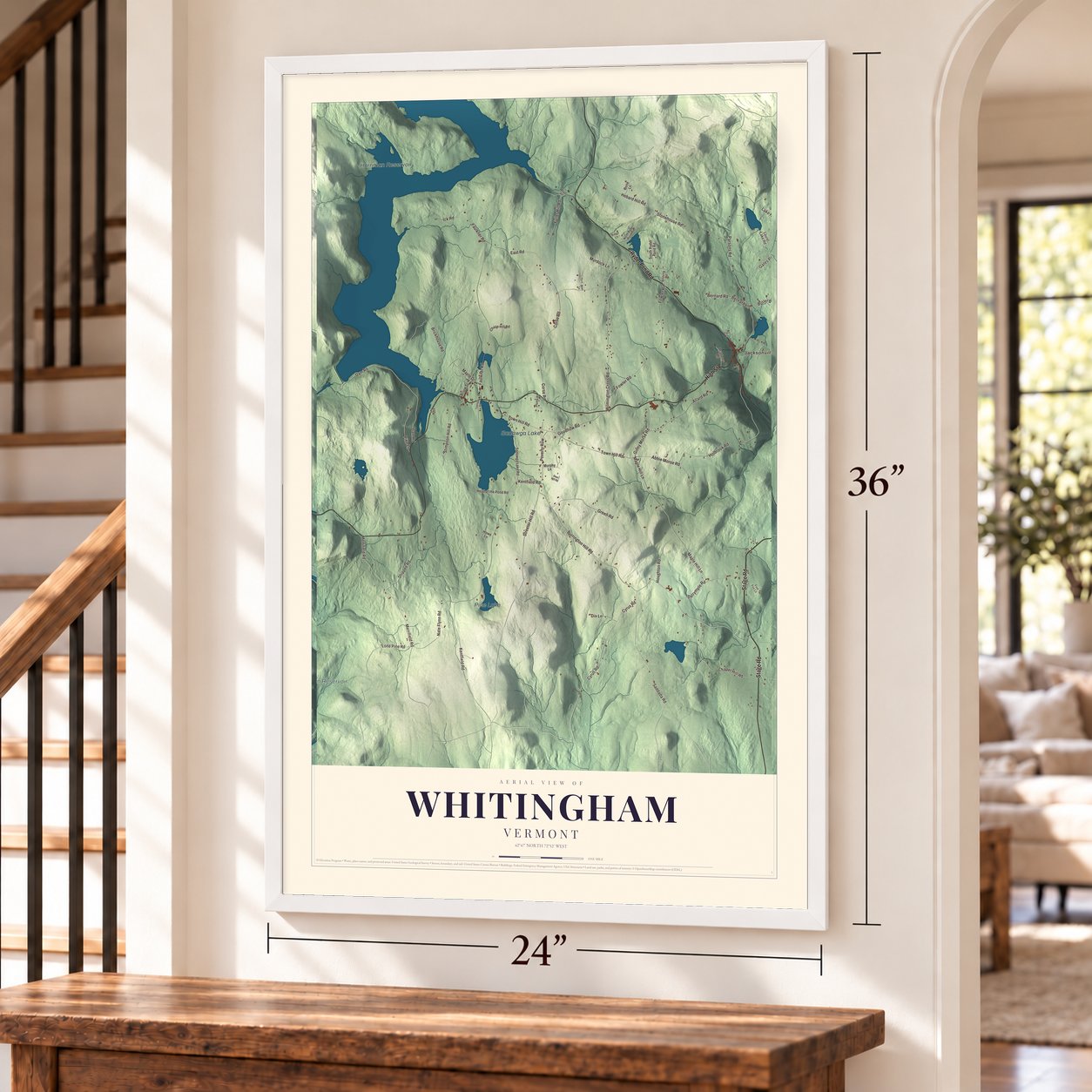 Whitingham, Vermont map, 24 x 36 inch print in a white frame by a staircase