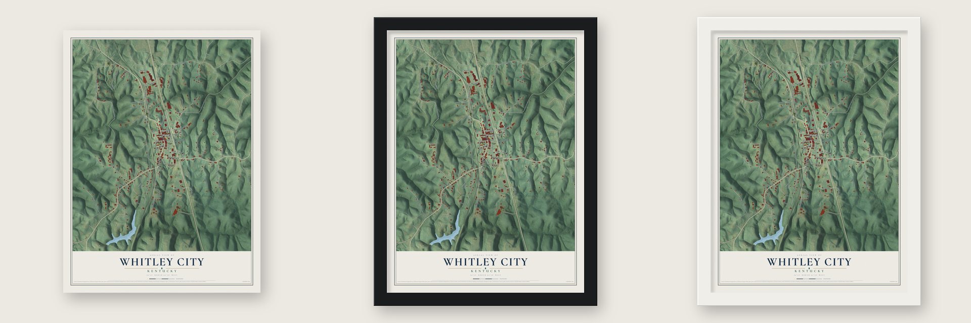 Whitley City, Kentucky map unframed, in a black wood frame and in a white wood frame