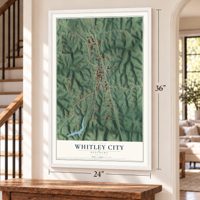 Whitley City, Kentucky map, 24 x 36 inch print in a white frame by a staircase