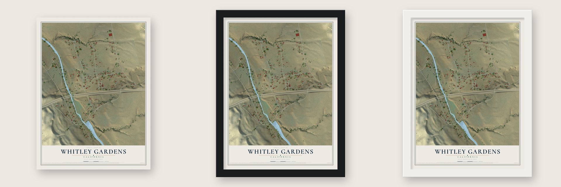 Whitley Gardens, California map unframed, in a black wood frame and in a white wood frame