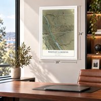 Whitley Gardens, California map, 18 x 24 inch print in a white frame in a home office