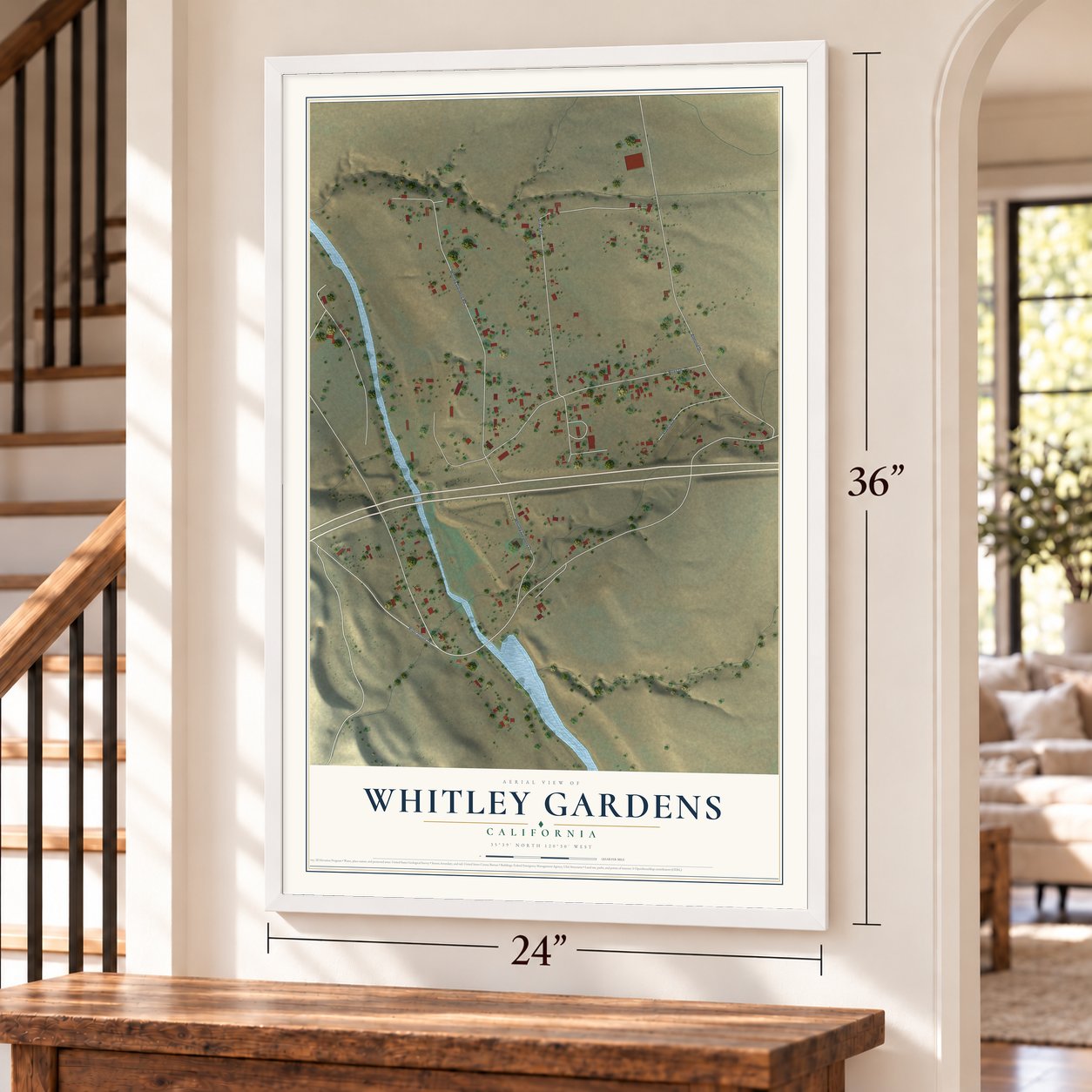 Whitley Gardens, California map, 24 x 36 inch print in a white frame by a staircase