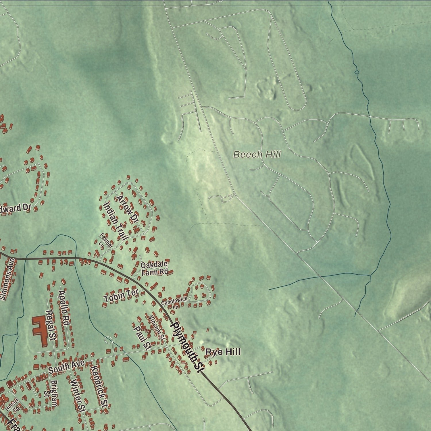 Close-up of the map of Whitman, Massachusetts print showing terrain and local geography