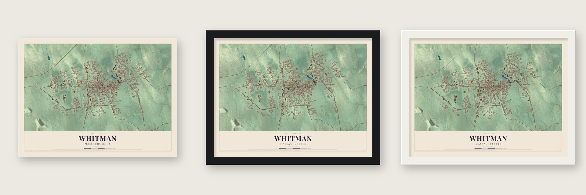 Whitman, Massachusetts map unframed, in a black wood frame and in a white wood frame
