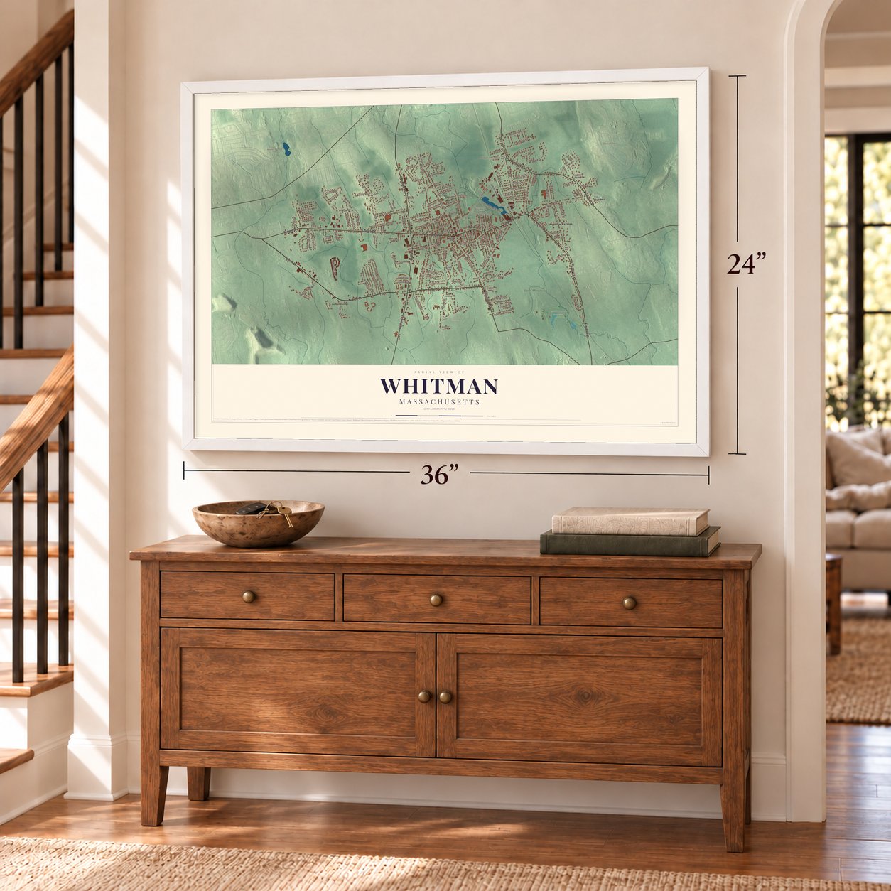 Whitman, Massachusetts map, 24 x 36 inch print in a white frame above a dresser by a staircase
