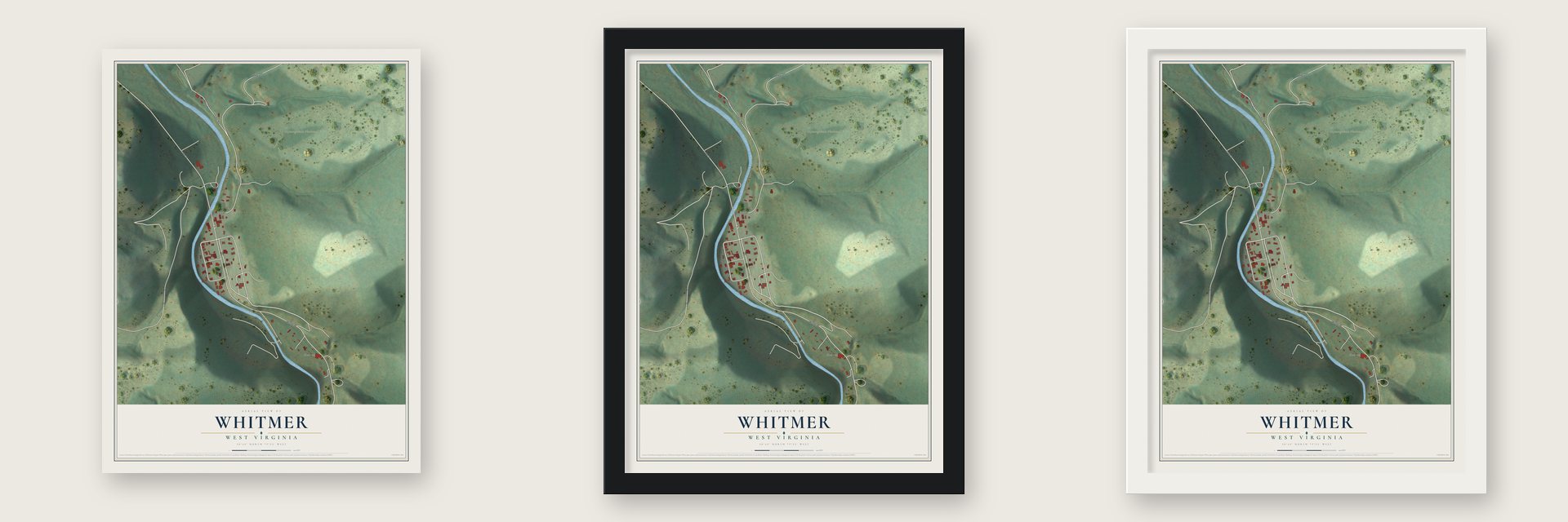 Whitmer, West Virginia map unframed, in a black wood frame and in a white wood frame