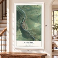 Whitmer, West Virginia map, 24 x 36 inch print in a white frame by a staircase