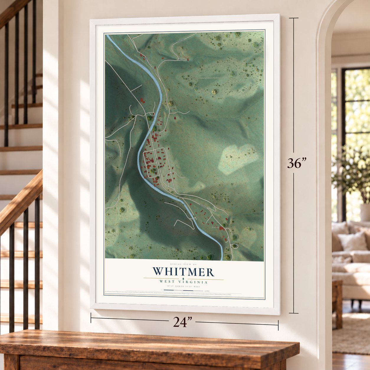 Whitmer, West Virginia map, 24 x 36 inch print in a white frame by a staircase