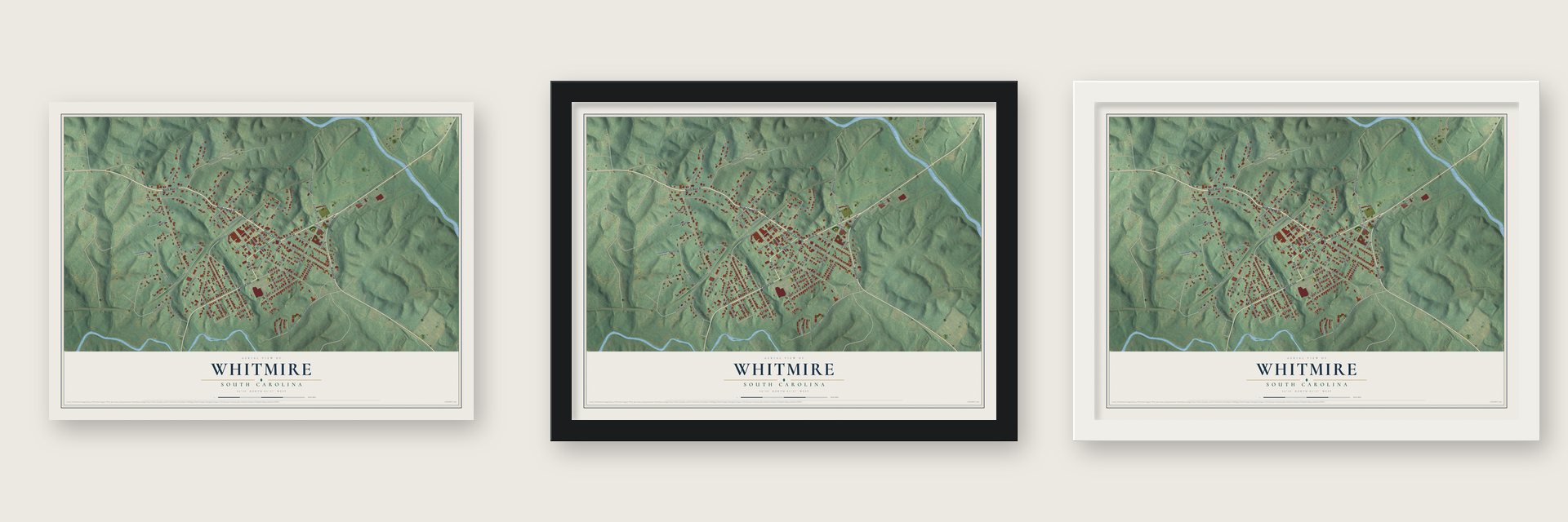 Whitmire, South Carolina map unframed, in a black wood frame and in a white wood frame