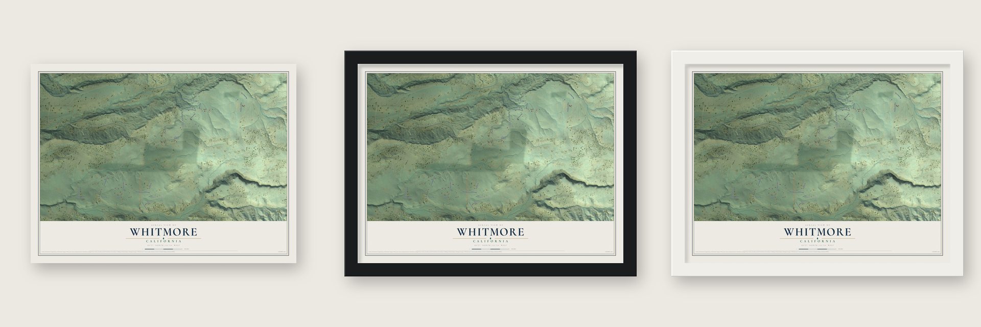Whitmore, California map unframed, in a black wood frame and in a white wood frame