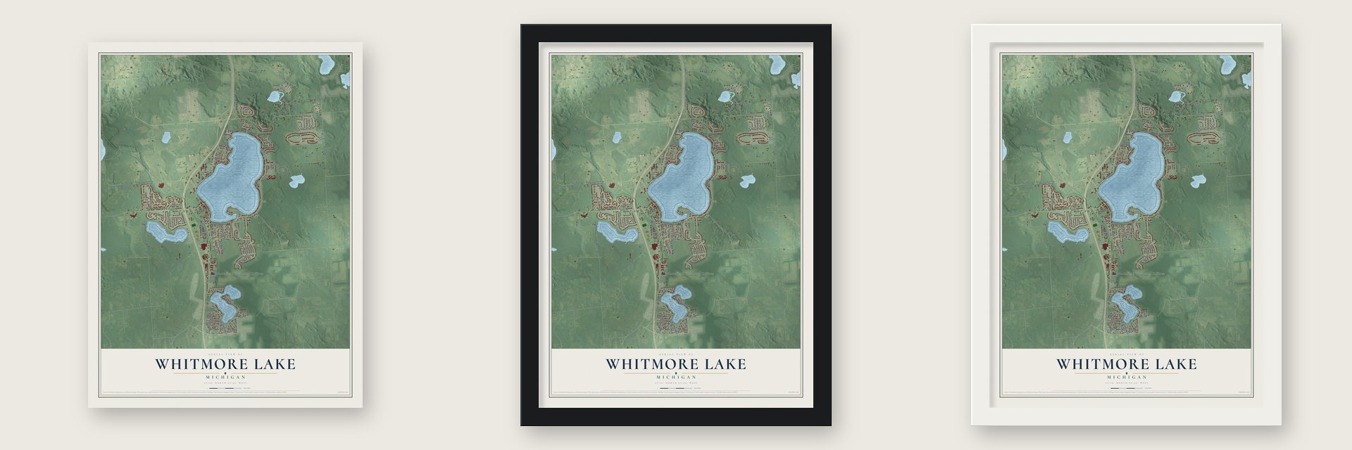 Whitmore Lake, Michigan map unframed, in a black wood frame and in a white wood frame