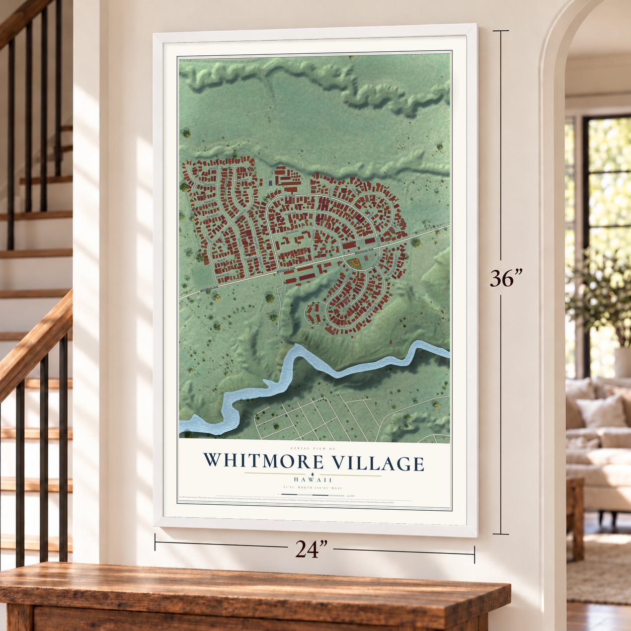 Whitmore Village, Hawaii map, 24 x 36 inch print in a white frame by a staircase