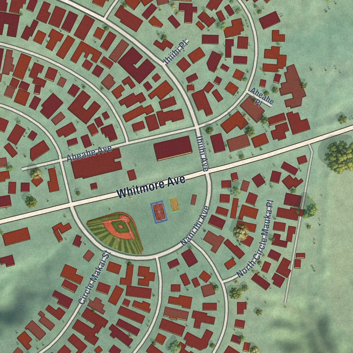 Second close-up of the map of Whitmore Village, Hawaii print showing more streets and buildings