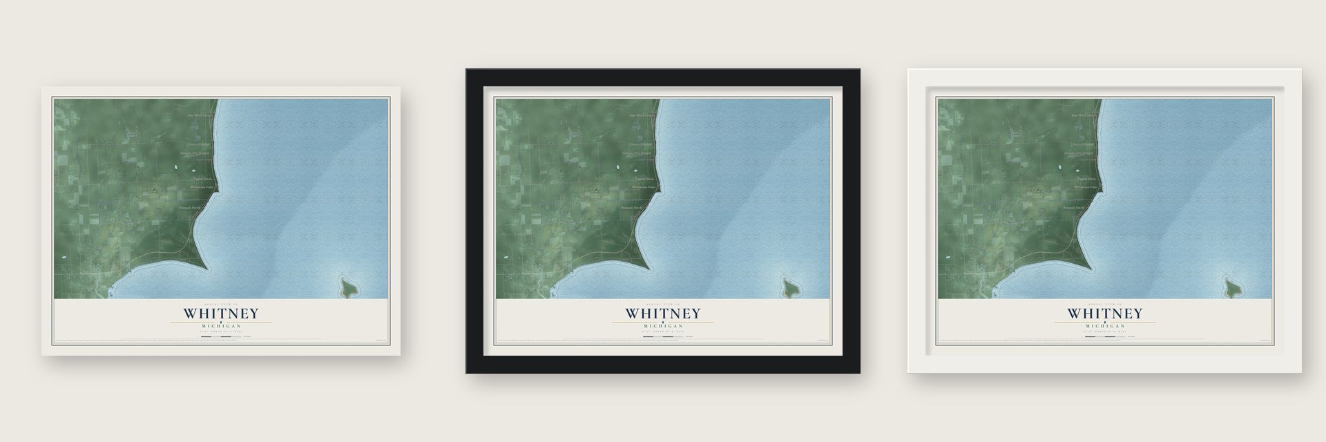Whitney, Michigan map unframed, in a black wood frame and in a white wood frame