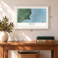 Whitney, Michigan map, 12 x 18 inch print in a white frame in an entryway