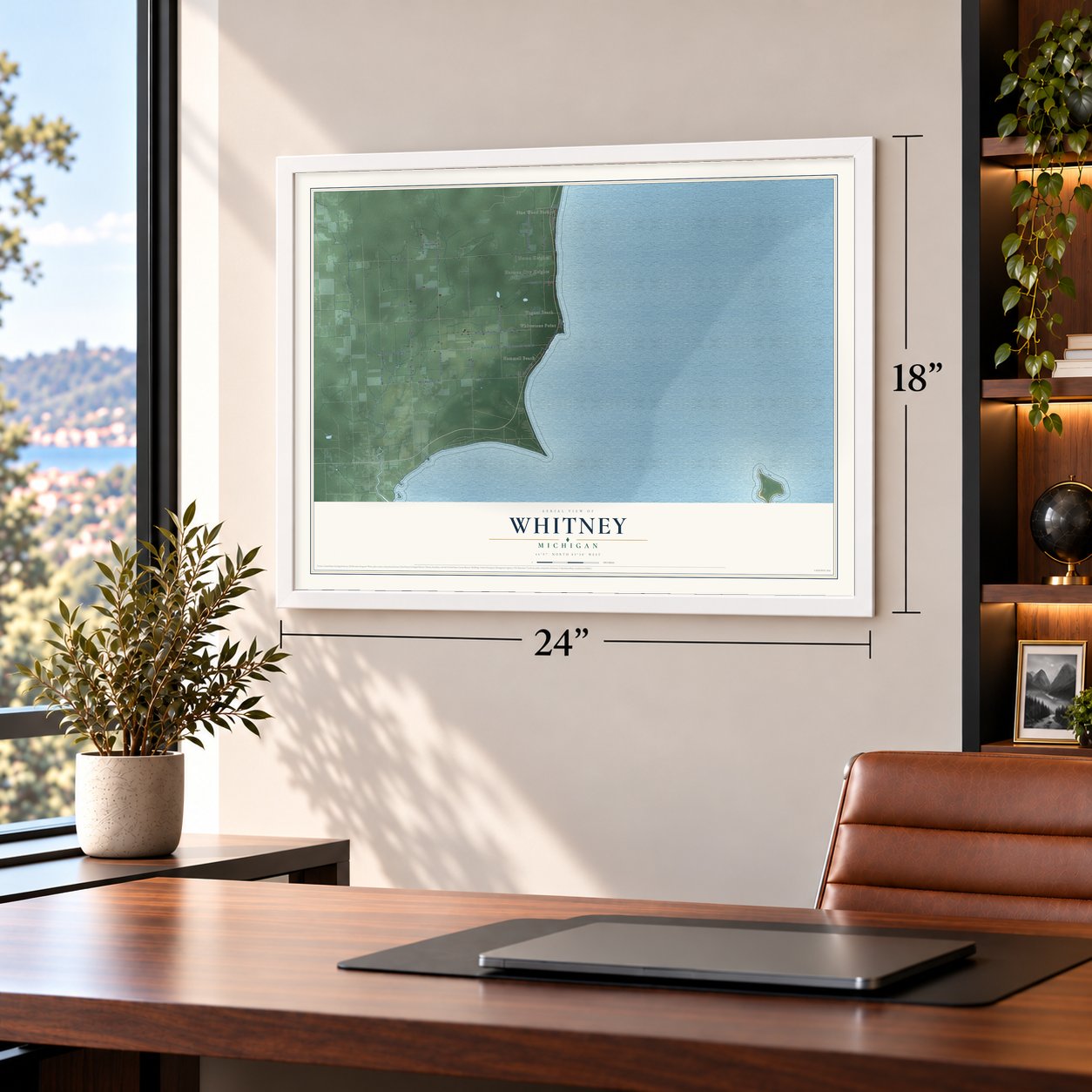 Whitney, Michigan map, 18 x 24 inch print in a white frame in a home office