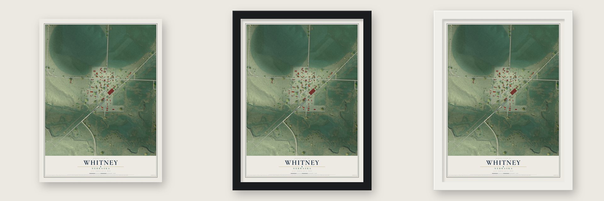 Whitney, Nebraska map unframed, in a black wood frame and in a white wood frame