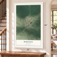 Whitney, Nebraska map, 24 x 36 inch print in a white frame by a staircase