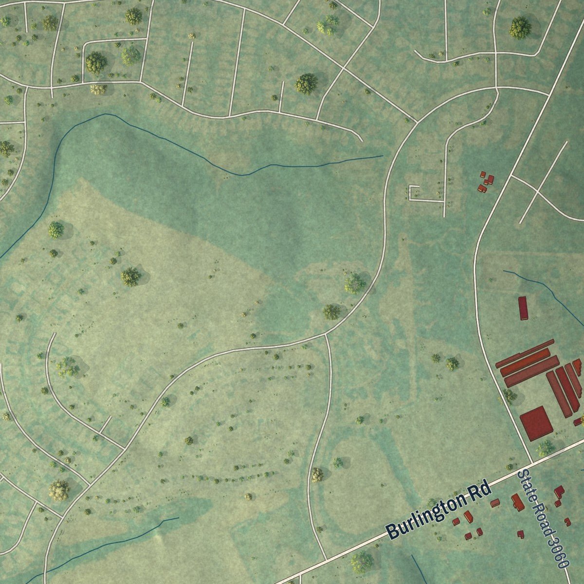 Second close-up of the map of Whitsett, North Carolina print showing more streets and buildings
