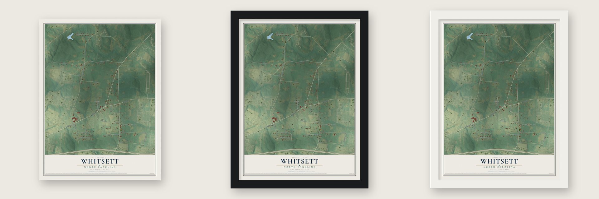 Whitsett, North Carolina map unframed, in a black wood frame and in a white wood frame