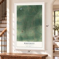 Whitsett, North Carolina map, 24 x 36 inch print in a white frame by a staircase