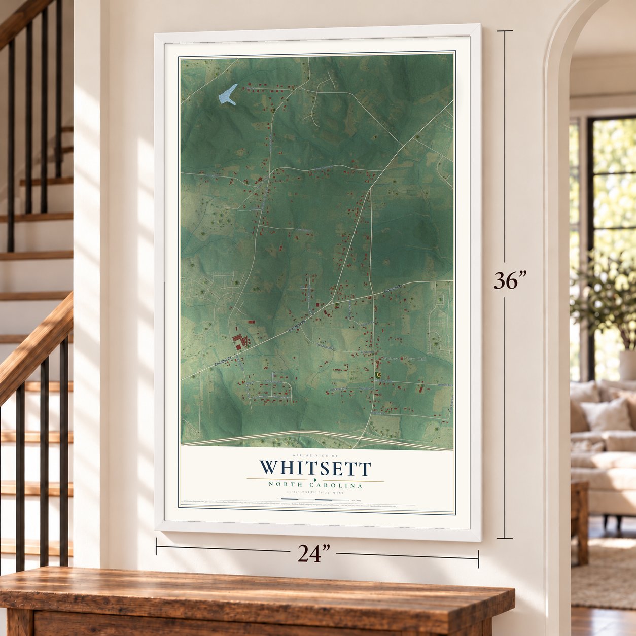 Whitsett, North Carolina map, 24 x 36 inch print in a white frame by a staircase
