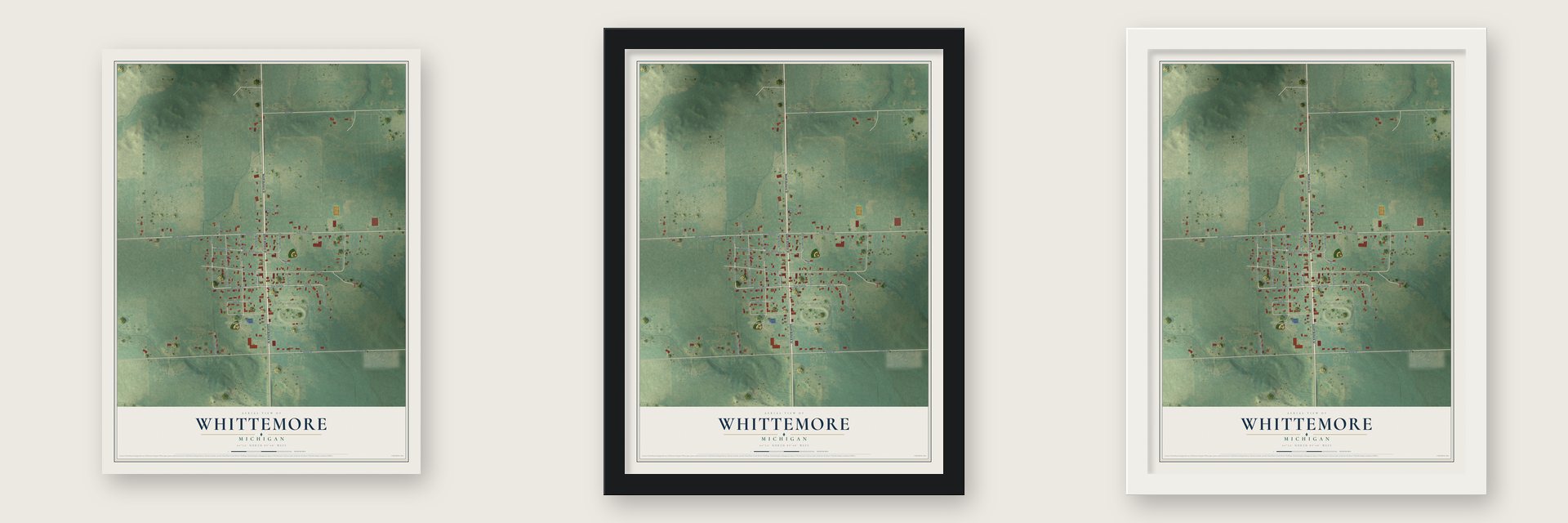 Whittemore, Michigan map unframed, in a black wood frame and in a white wood frame